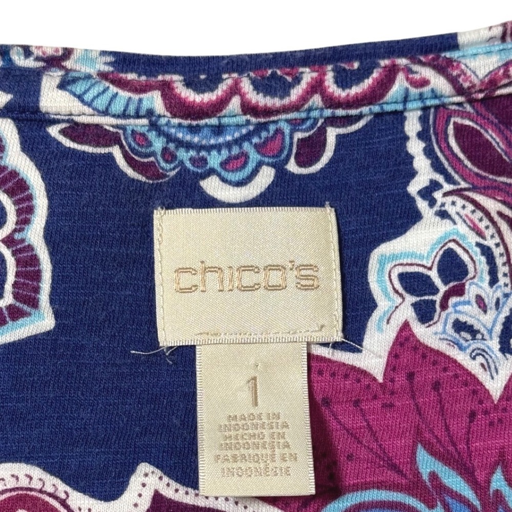 Chico's Blue Purple Paisley Floral Scoop Neck Cotton Modal Top Size 1 Medium - Picture 7 of 9